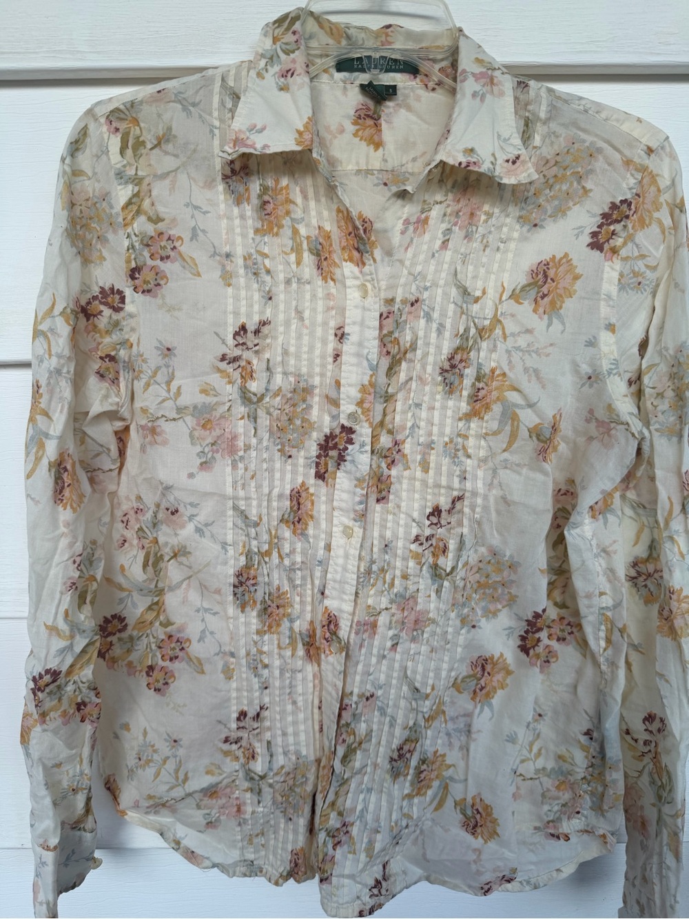 Lauren Ralph Lauren Floral Pintuck Blouse Cottagecore Boho*note 1 missing button